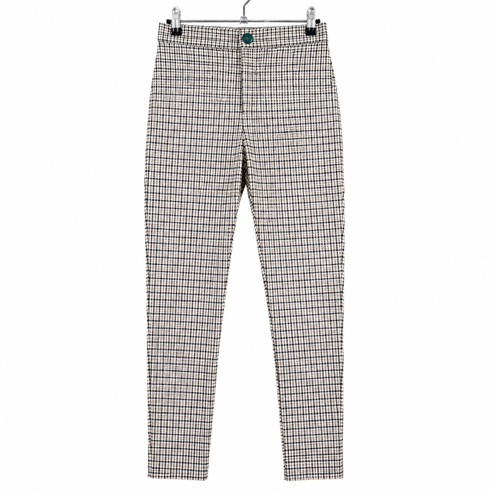 Zara Pants Skinny Plaid Viscose Blend Size M Black White Green Career Preppy